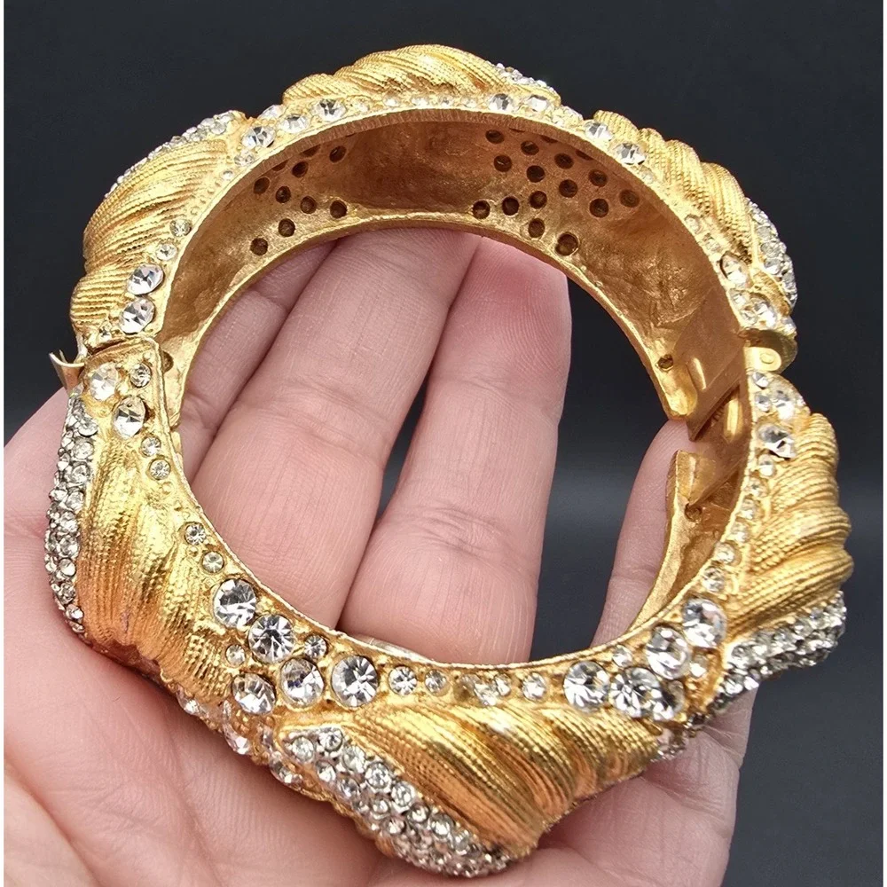 Vintage Cadoro Textured Gold Tone Wide Metal Bangle Bracelet Rhinestone Hinged